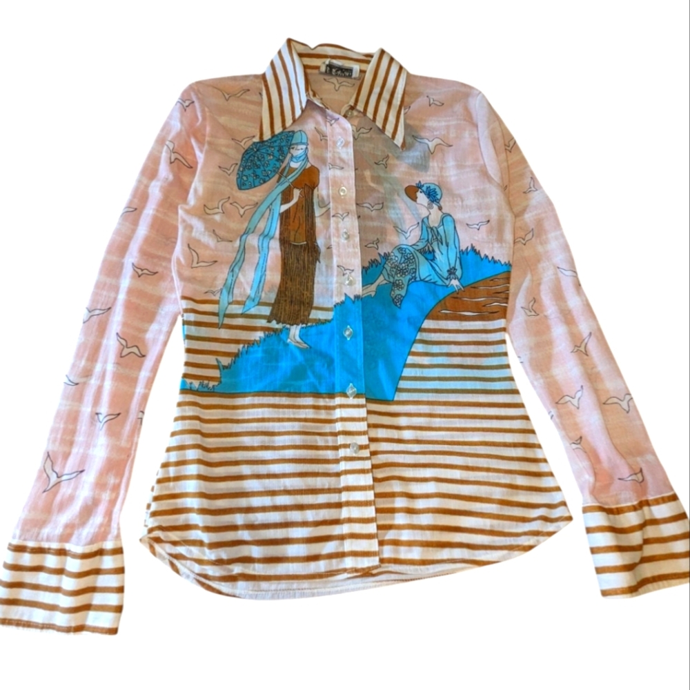 VTG Pret a Porter London Women's Rayon Blouse, Women At Beach Pattern Design